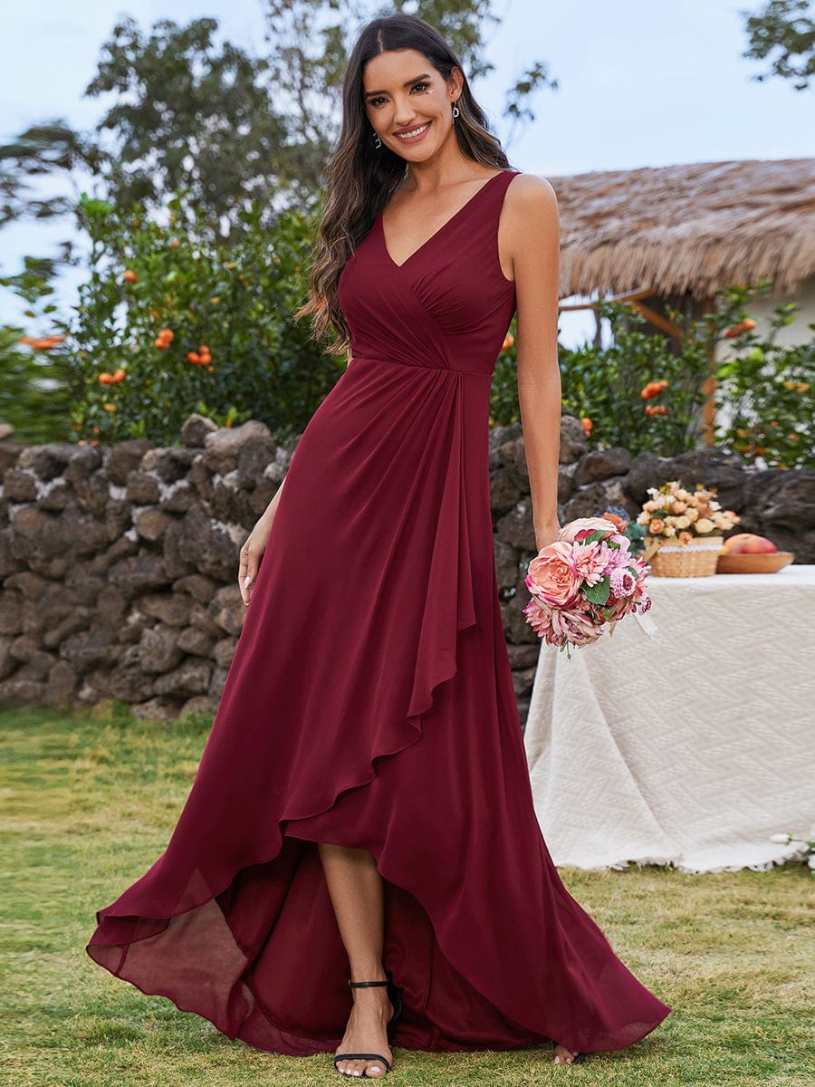 High-Low Ruffles V-Neck Bridesmaid Dress with Waist Pleating #color_Burgundy