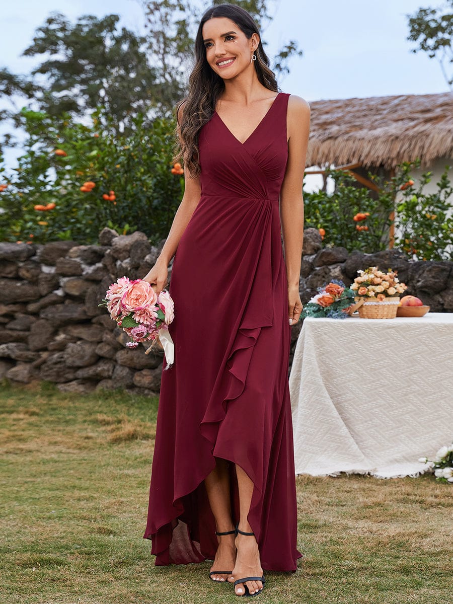 High-Low Ruffles V-Neck Bridesmaid Dress with Waist Pleating #color_Burgundy