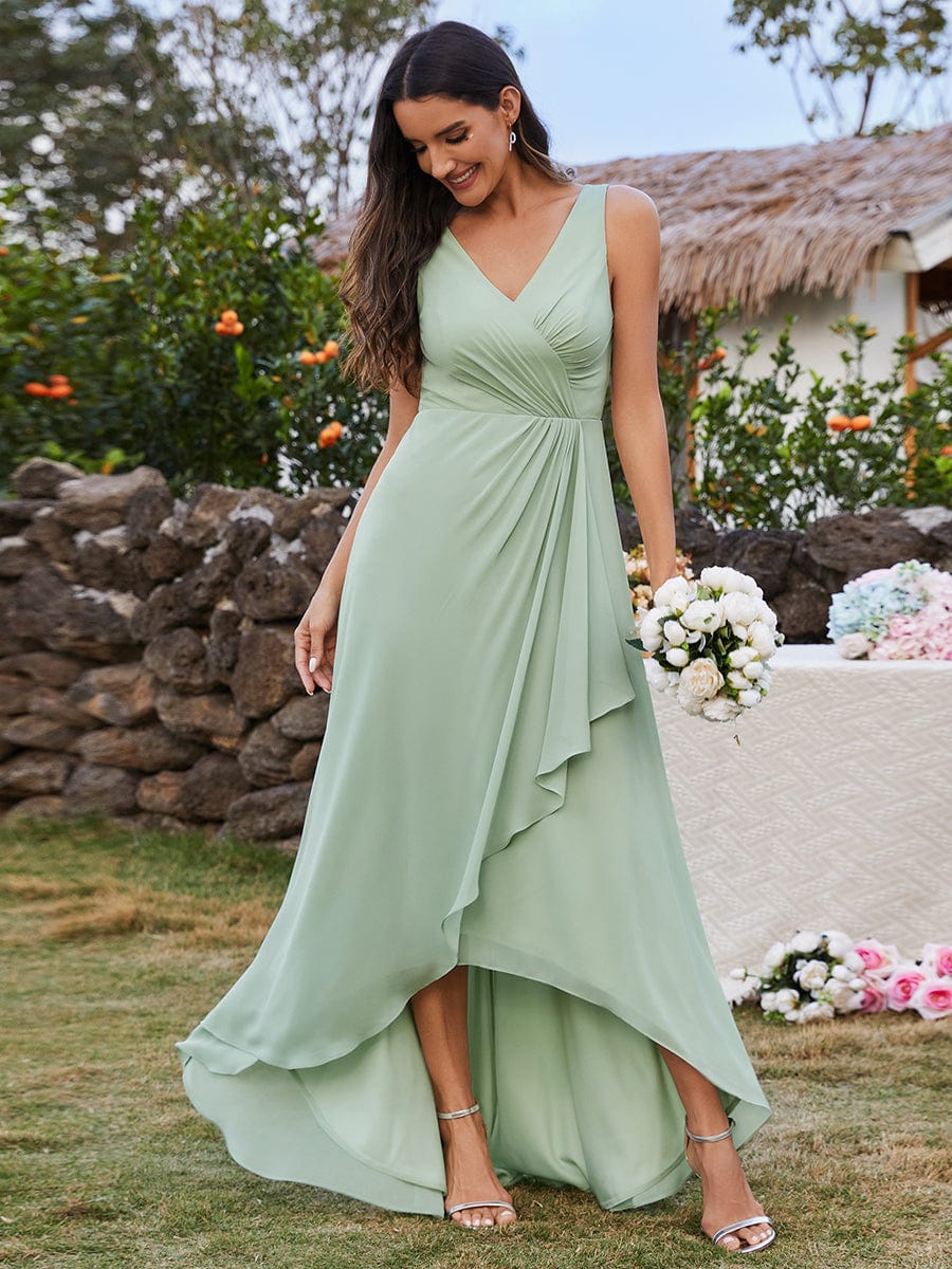 High-Low Ruffles V-Neck Bridesmaid Dress with Waist Pleating #color_Mint Green