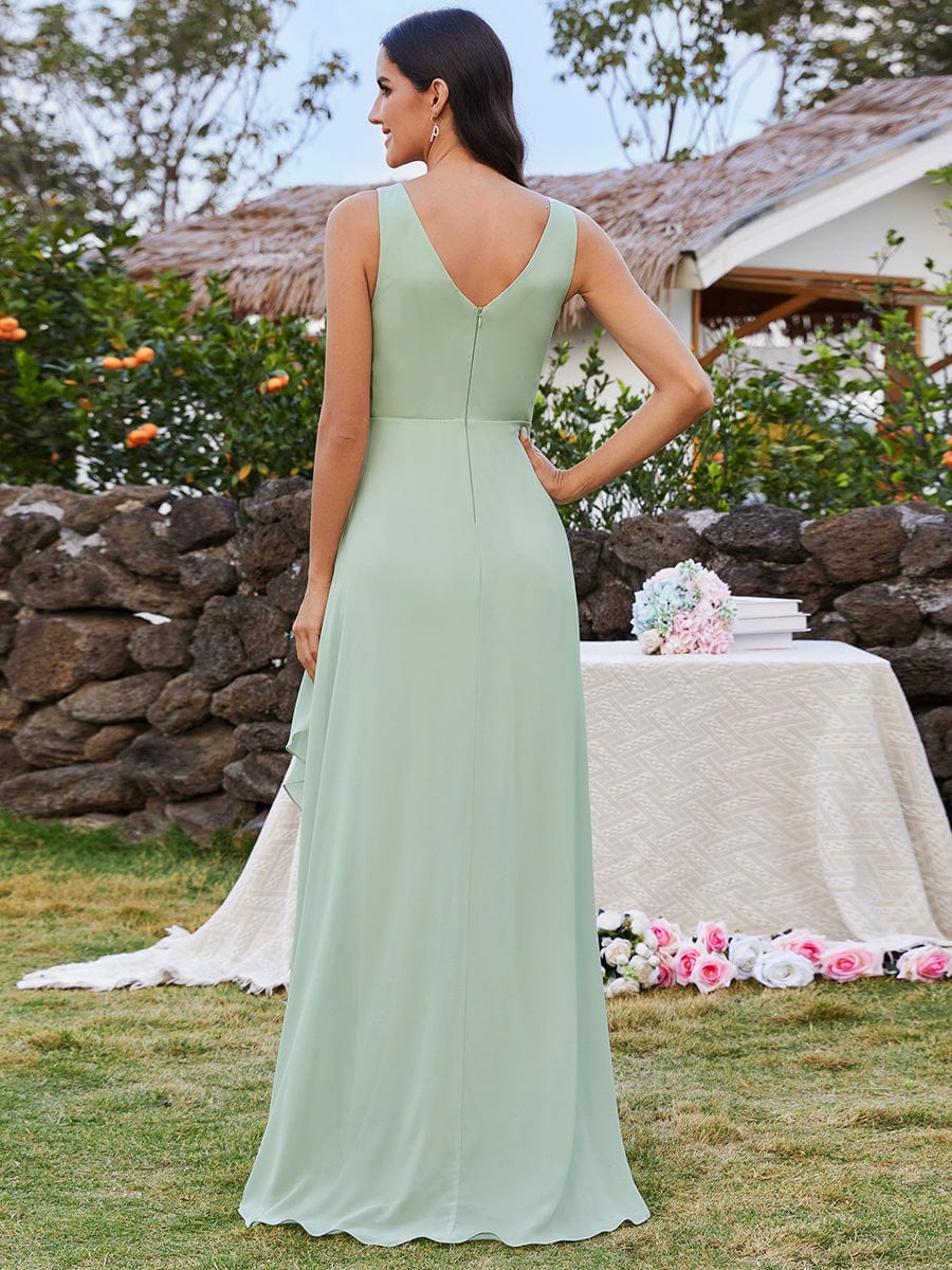 High-Low Ruffles V-Neck Bridesmaid Dress with Waist Pleating #color_Mint Green