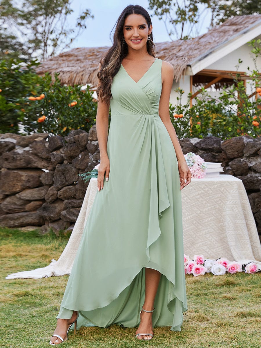 High-Low Ruffles V-Neck Bridesmaid Dress with Waist Pleating #color_Mint Green