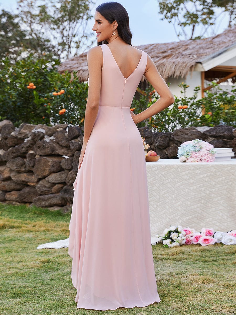 High Low Ruffles V Neck Bridesmaid Dress with Waist Pleating