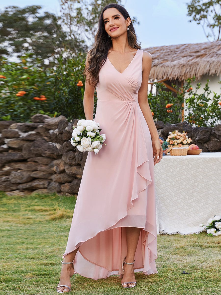 High-Low Ruffles V-Neck Dress with Waist Pleating In Pink #color_Pink