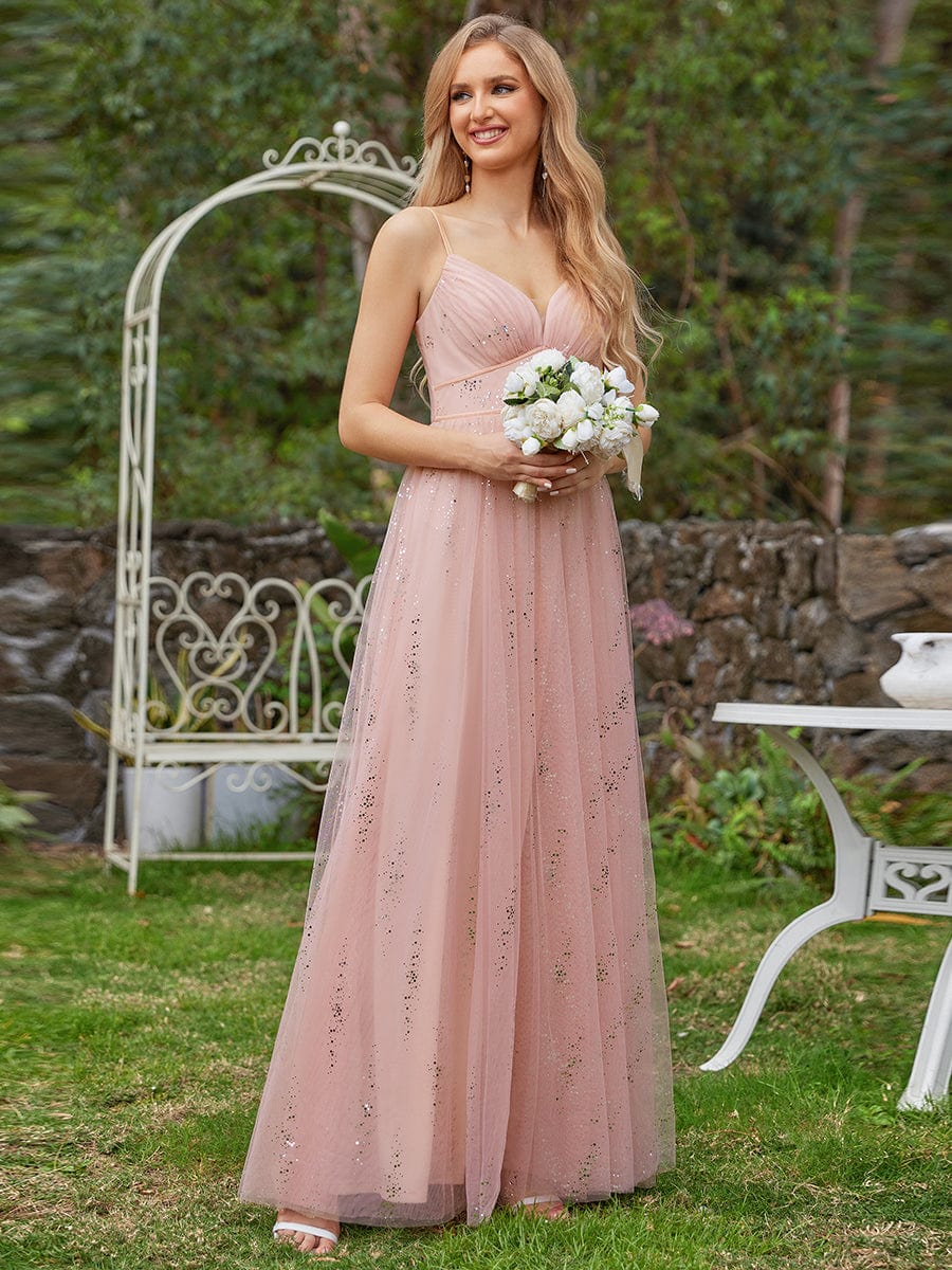 Sparkling Empire Waist Sleeveless Tulle Maxi Dress in Pink #color_Pink