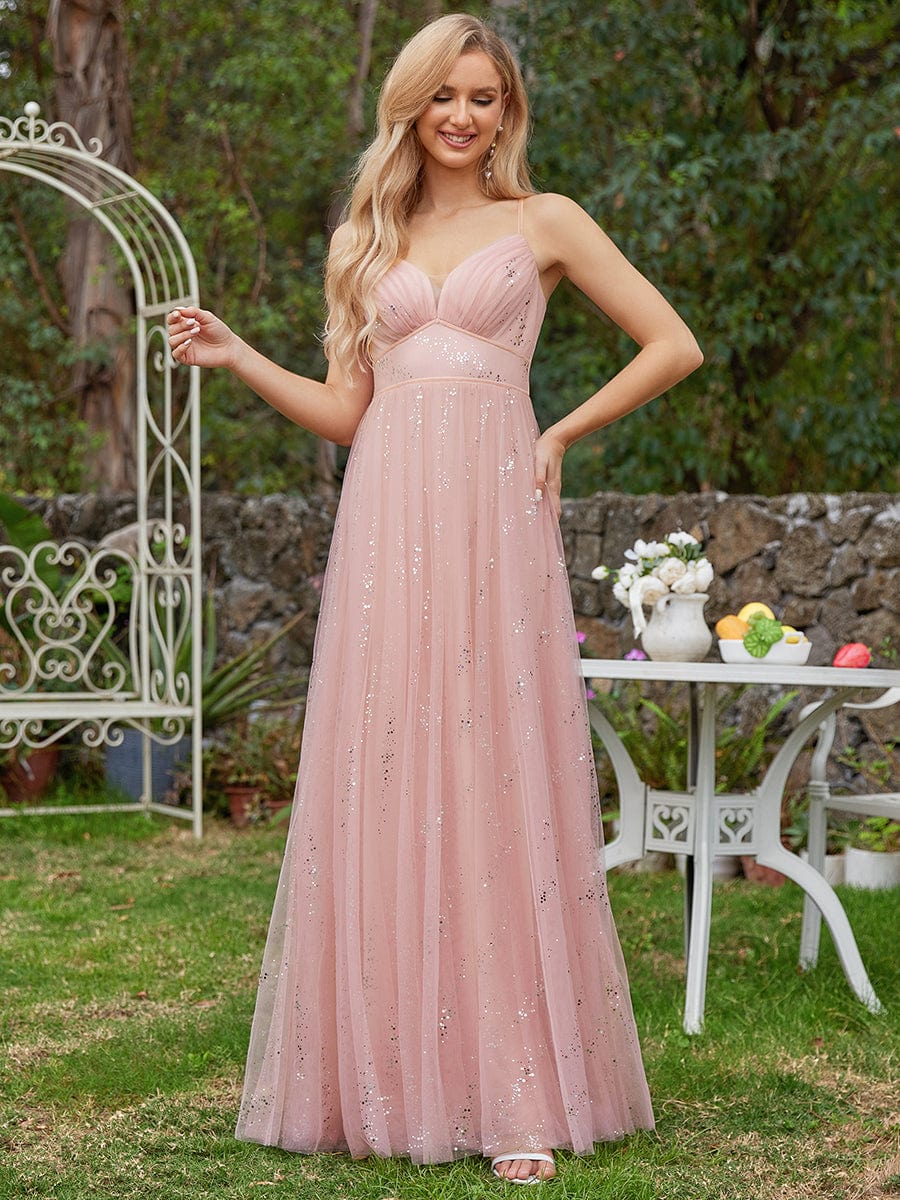 Sparkling Empire Waist Sleeveless Tulle Maxi Dress in Pink #color_Pink