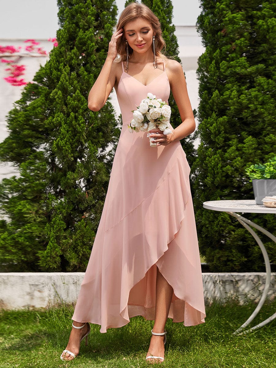 Chic Sleeveless Chiffon Bridesmaid Dress with Lotus Leaf #color_Pink