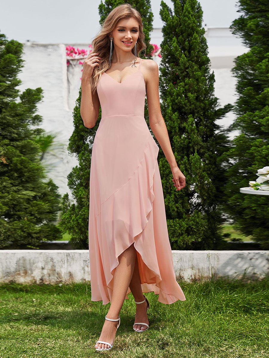 Chic Sleeveless Chiffon Bridesmaid Dress with Lotus Leaf In Pink #color_Pink