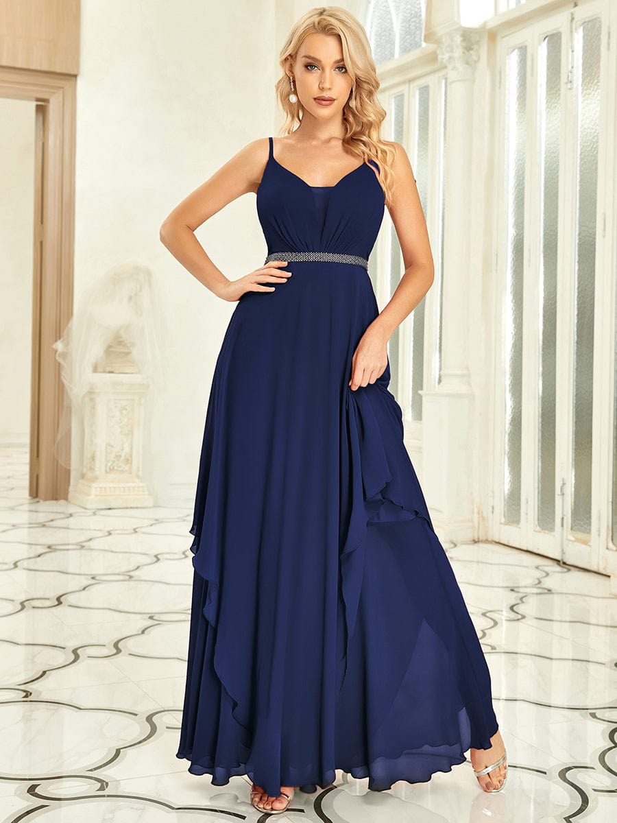 Pearl Embellished Waist Ruffled V Neck Sleeveless Chiffon Bridesmaid Dress