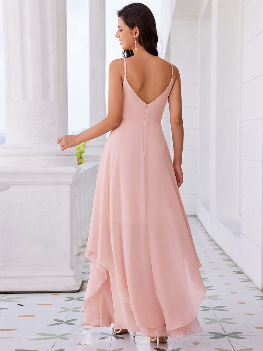 Pearl-Embellished Waist Ruffled V-Neck Sleeveless Chiffon Bridesmaid Dress In Pink #color_Pink