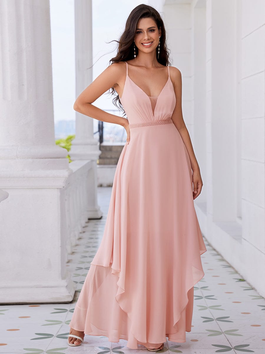 Pearl-Embellished Waist Ruffled V-Neck Sleeveless Chiffon Bridesmaid Dress In Pink #color_Pink