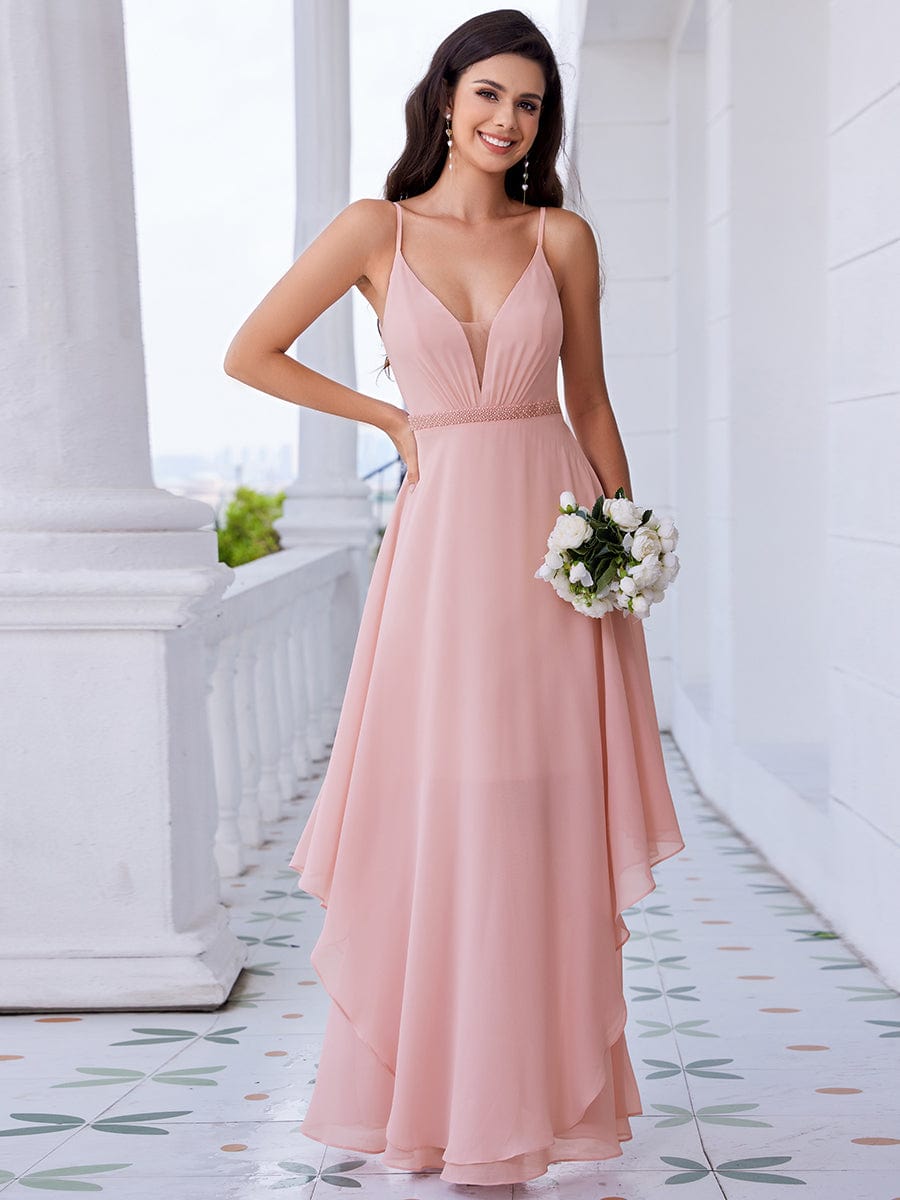 Pearl-Embellished Waist Ruffled V-Neck Sleeveless Chiffon Bridesmaid Dress In Pink #color_Pink