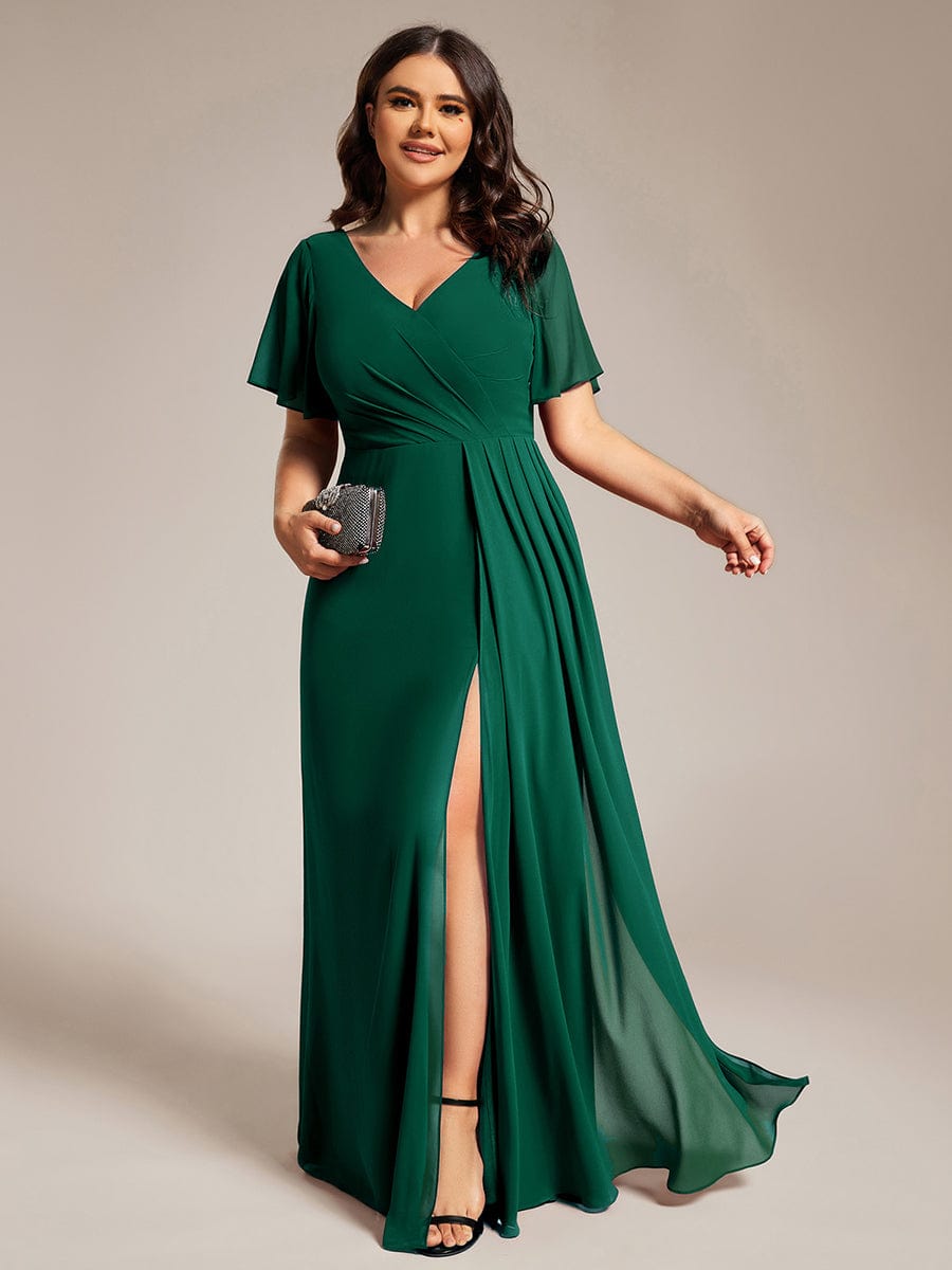 A-Line Ruffle Sleeves and High Slit Chiffon Bridesmaid Dress with V-Neck #color_Dark Green