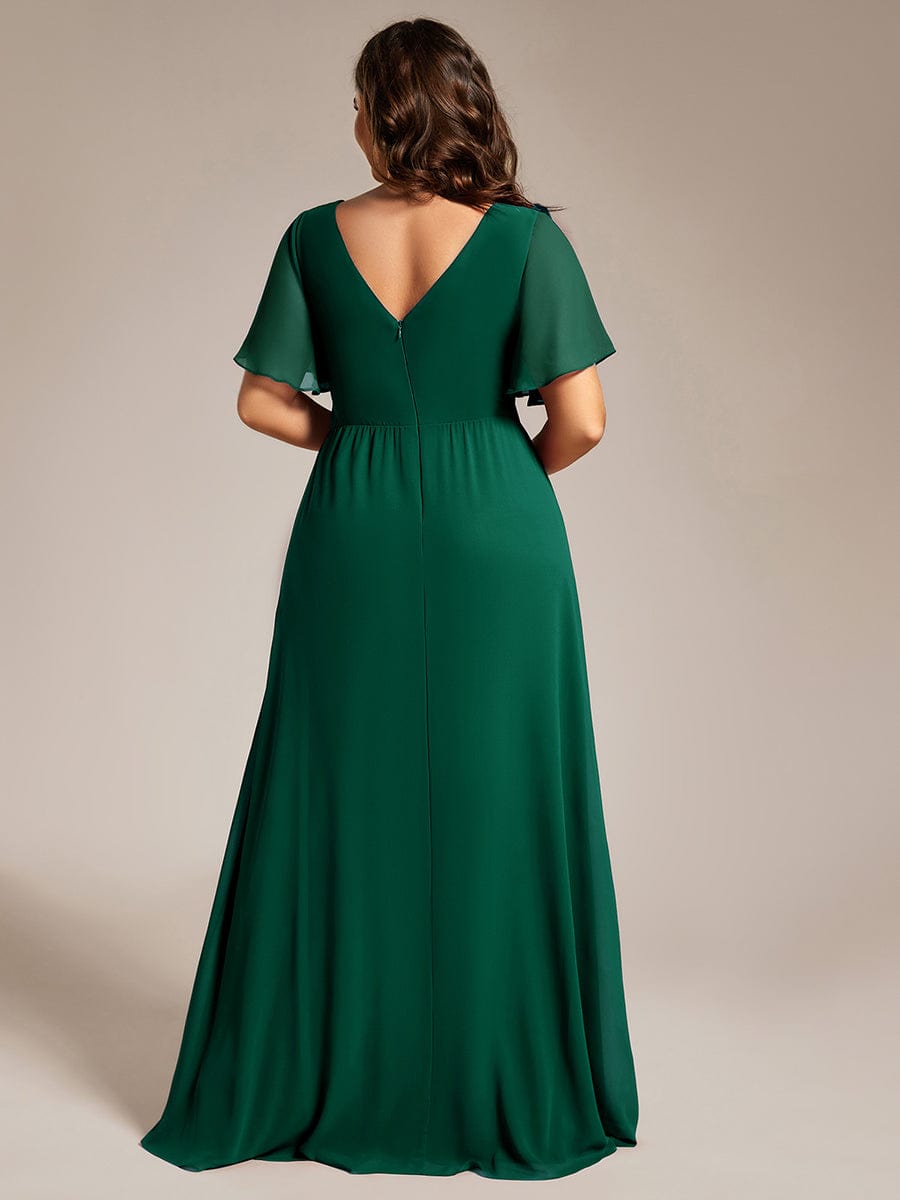 A-Line Ruffle Sleeves and High Slit Chiffon Bridesmaid Dress with V-Neck #color_Dark Green