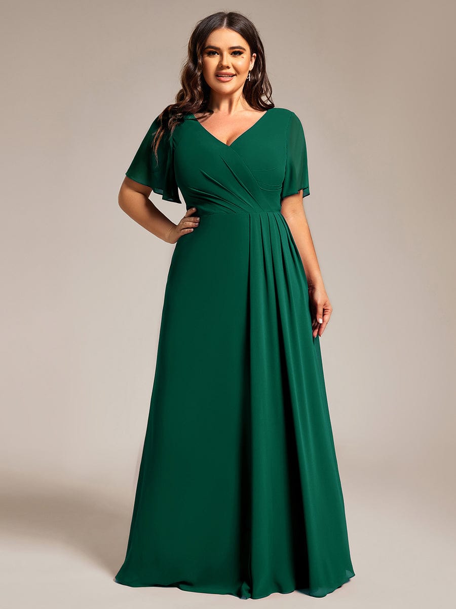 A-Line Ruffle Sleeves and High Slit Chiffon Bridesmaid Dress with V-Neck #color_Dark Green