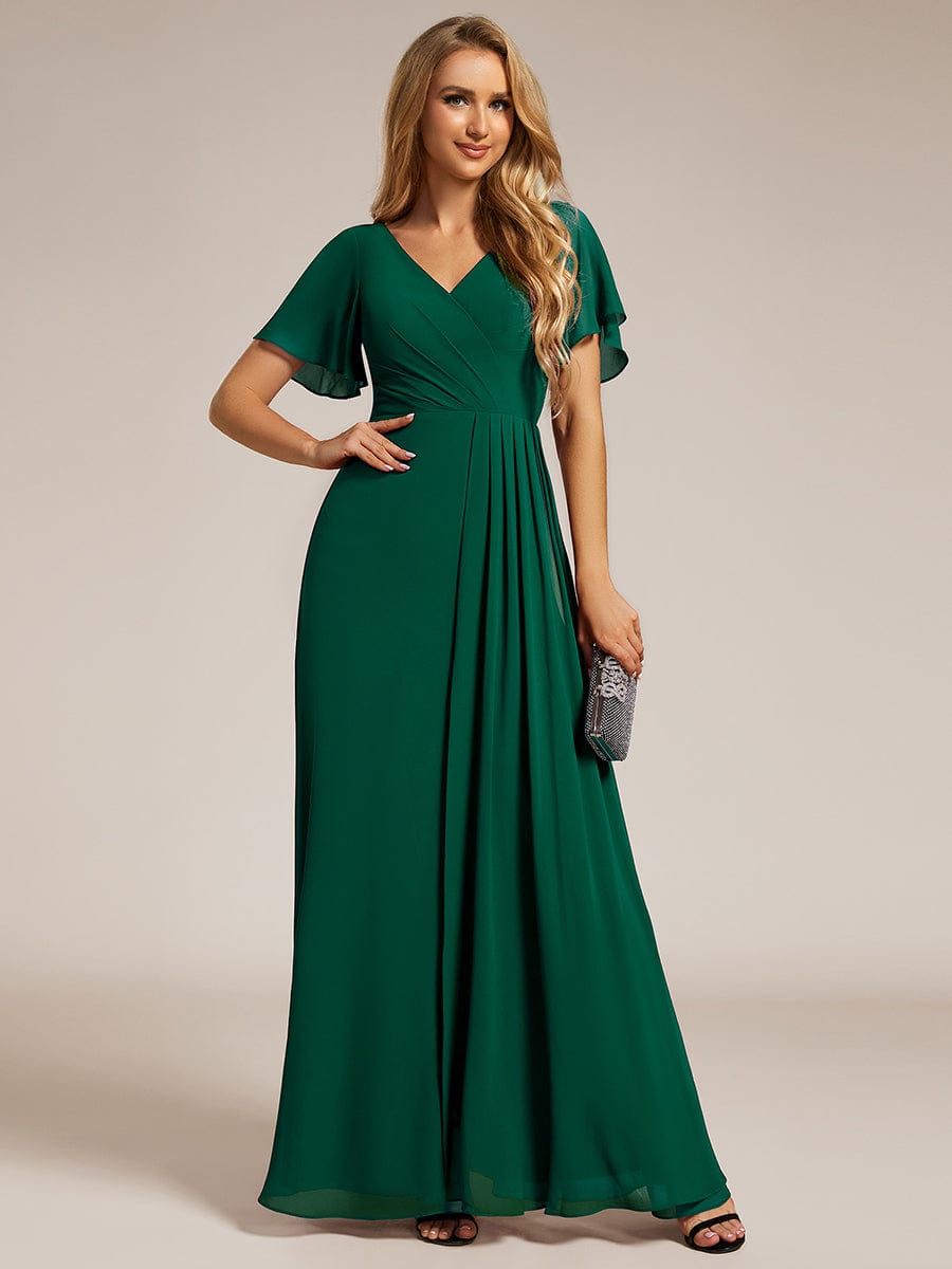 A-Line Ruffle Sleeves and High Slit Chiffon Bridesmaid Dress with V-Neck #color_Dark Green