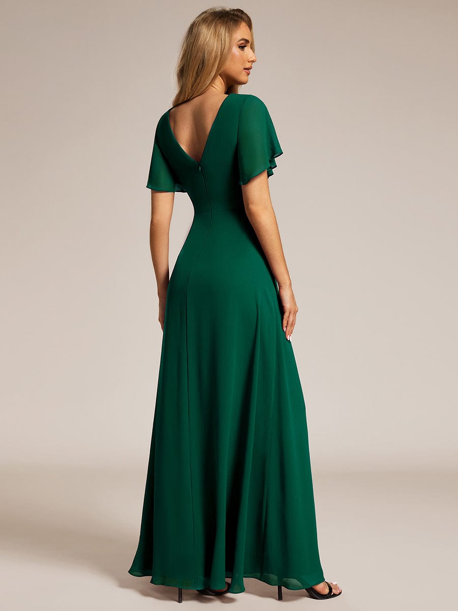 A-Line Ruffle Sleeves and High Slit Chiffon Bridesmaid Dress with V-Neck #color_Dark Green