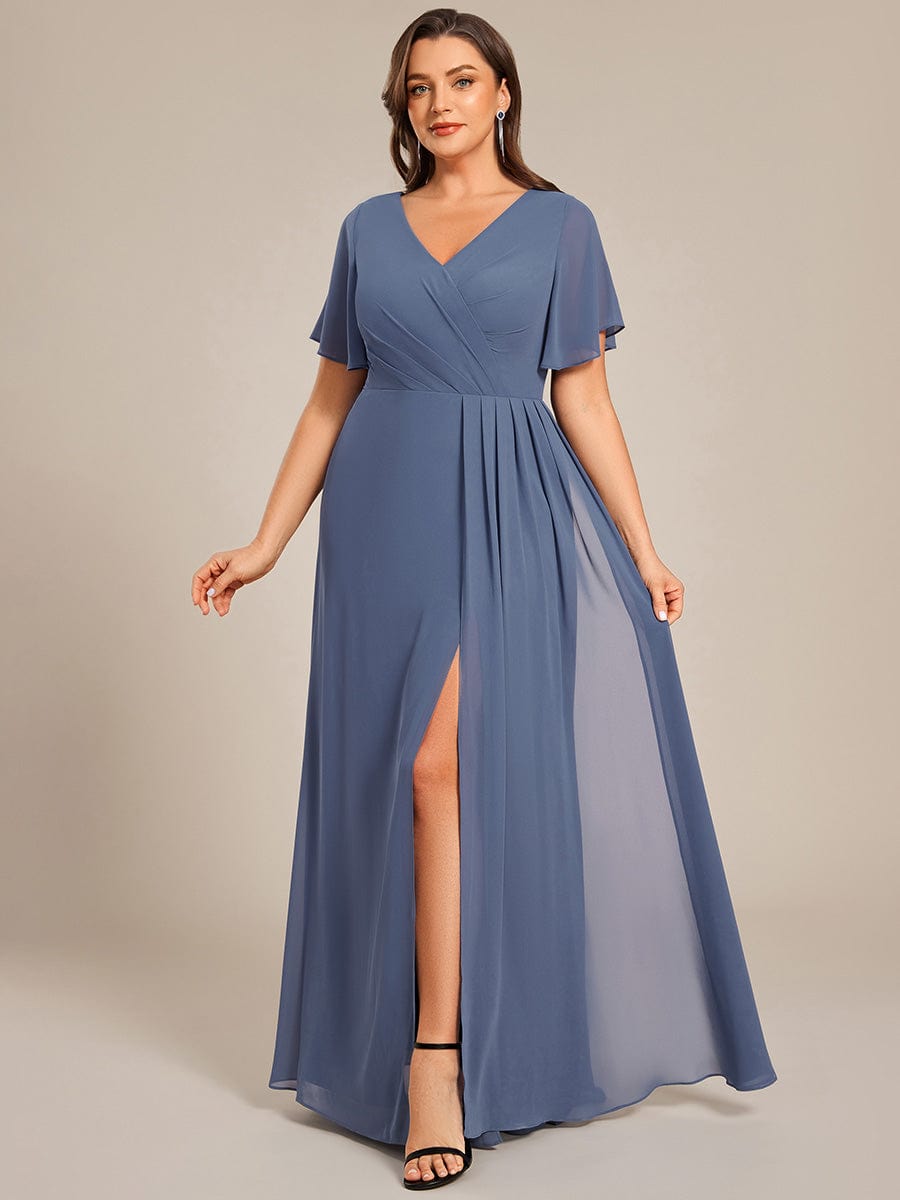 A-Line Ruffle Sleeves and High Slit Chiffon Bridesmaid Dress with V-Neck #color_Dusty Blue