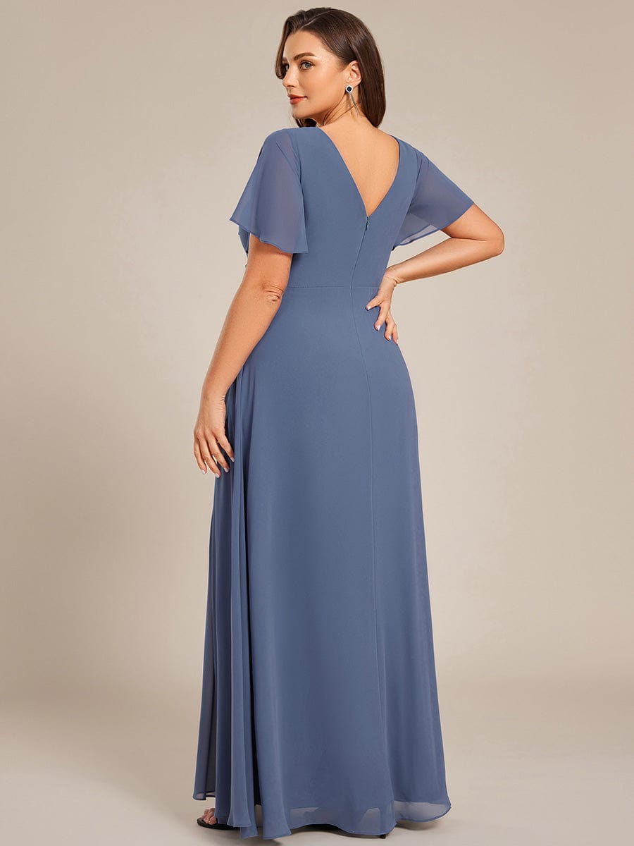 A-Line Ruffle Sleeves and High Slit Chiffon Bridesmaid Dress with V-Neck #color_Dusty Blue