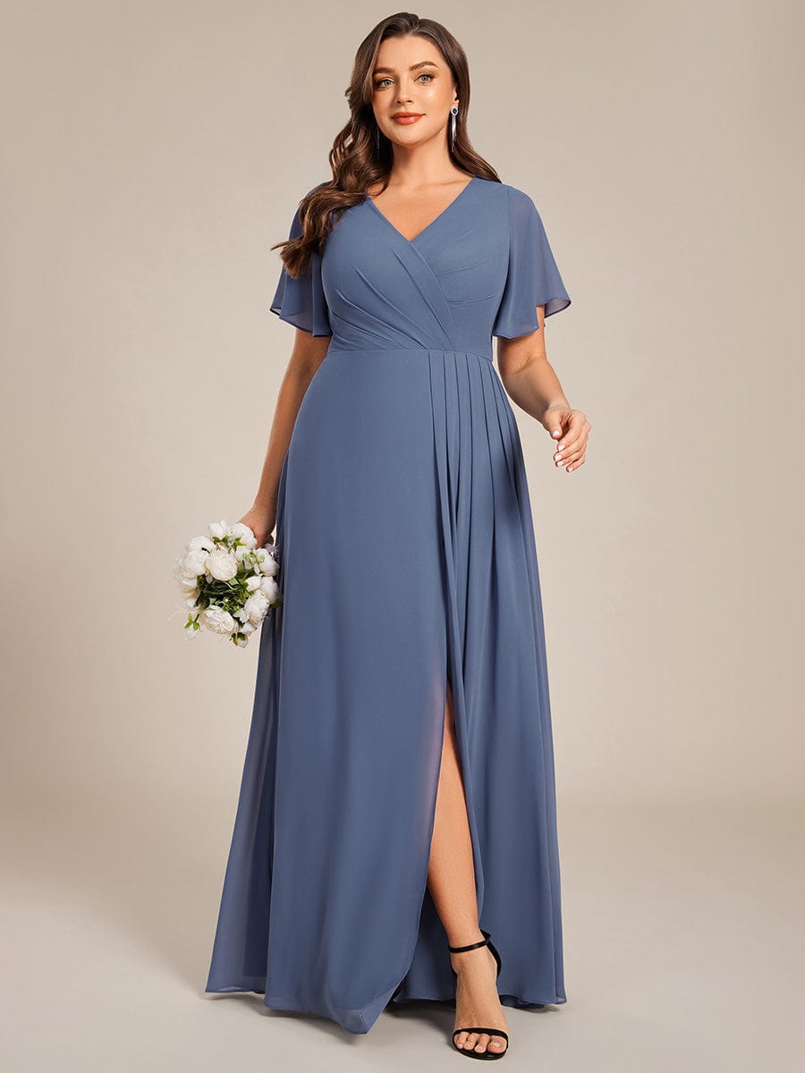 A-Line Ruffle Sleeves and High Slit Chiffon Bridesmaid Dress with V-Neck #color_Dusty Blue