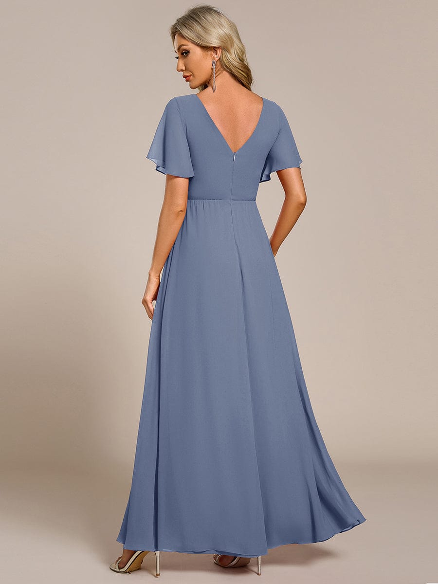 A-Line Ruffle Sleeves and High Slit Chiffon Bridesmaid Dress with V-Neck #color_Dusty Blue