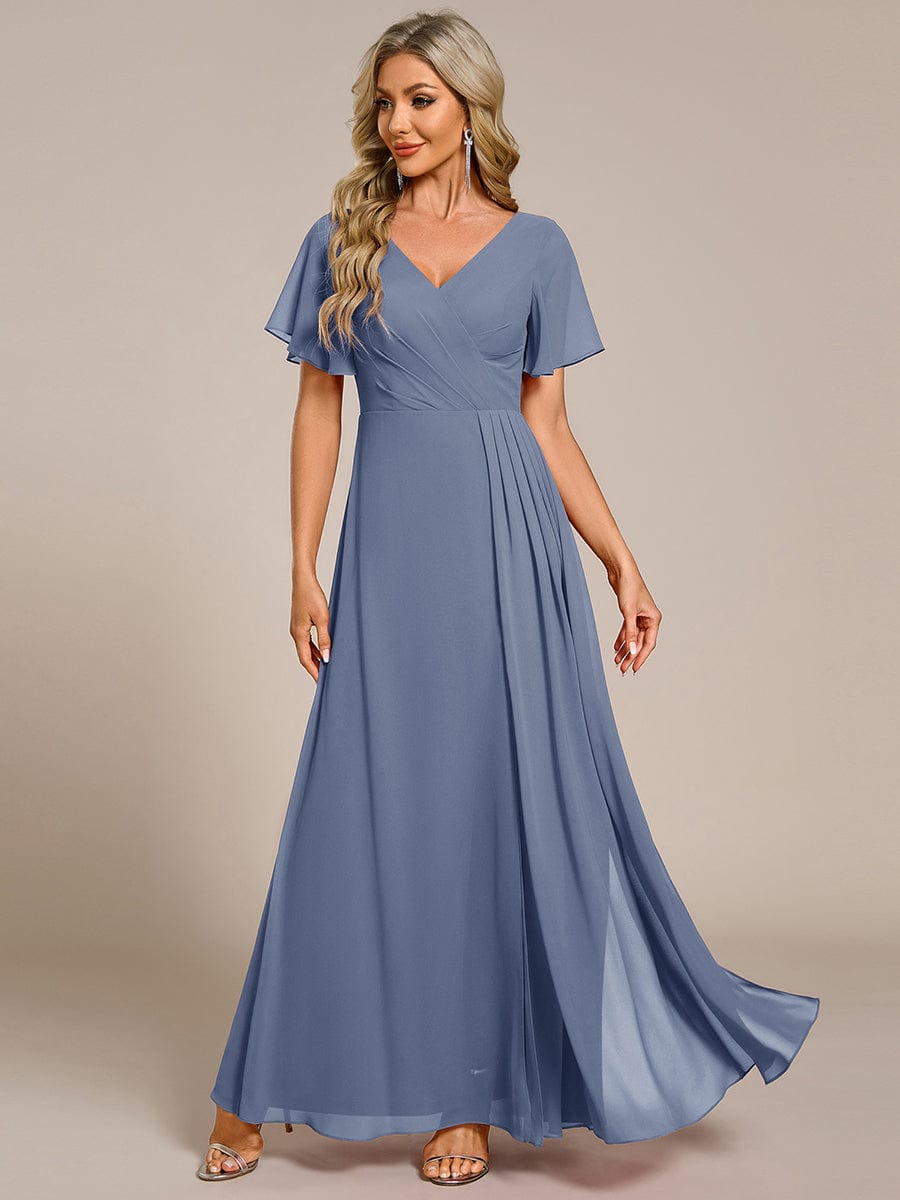 A-Line Ruffle Sleeves and High Slit Chiffon Bridesmaid Dress with V-Neck #color_Dusty Blue