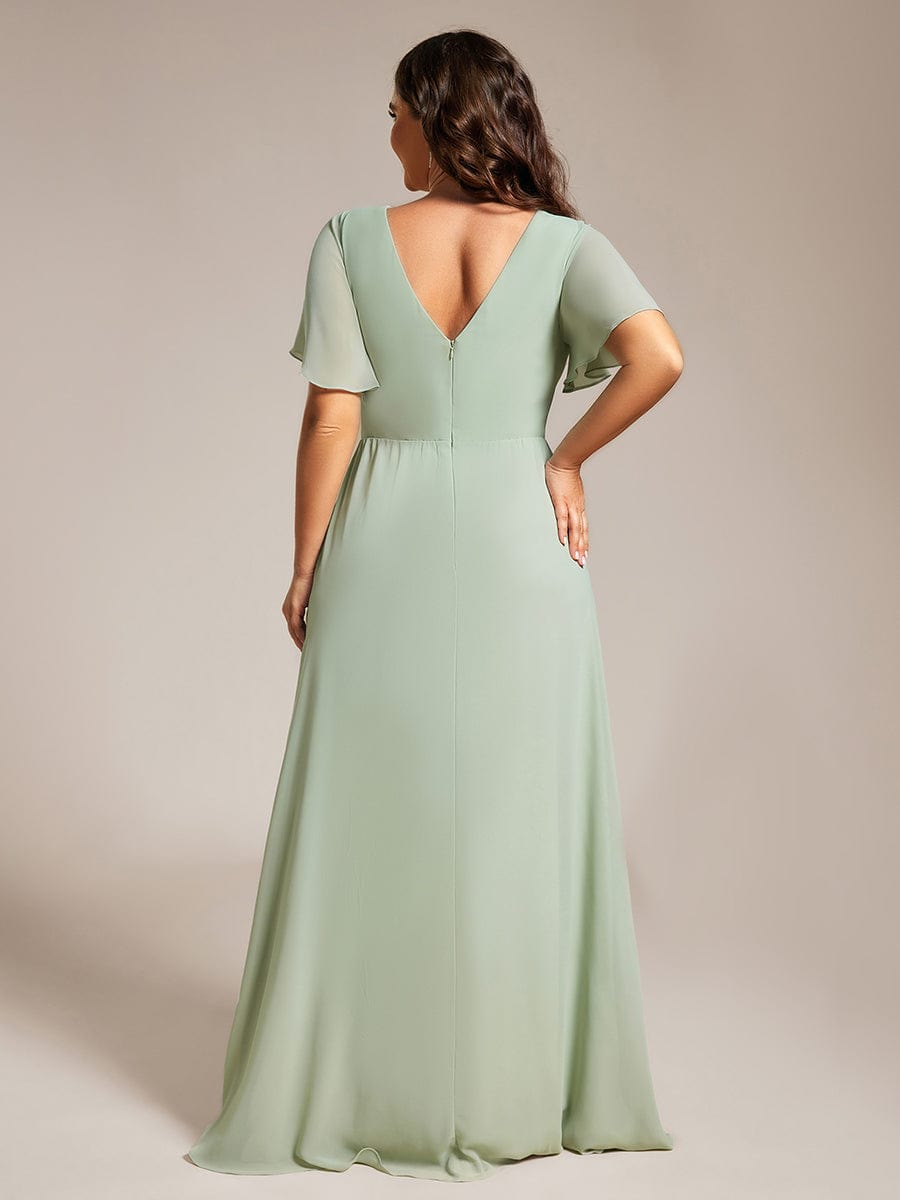 A-Line Ruffle Sleeves and High Slit Chiffon Bridesmaid Dress with V-Neck #color_Mint Green