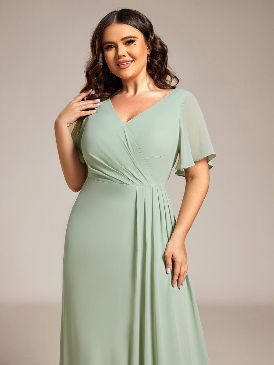 A-Line Ruffle Sleeves and High Slit Chiffon Bridesmaid Dress with V-Neck #color_Mint Green