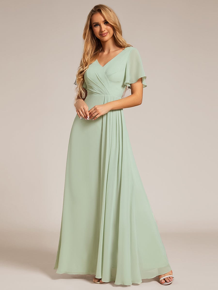 A-Line Ruffle Sleeves and High Slit Chiffon Bridesmaid Dress with V-Neck #color_Mint Green