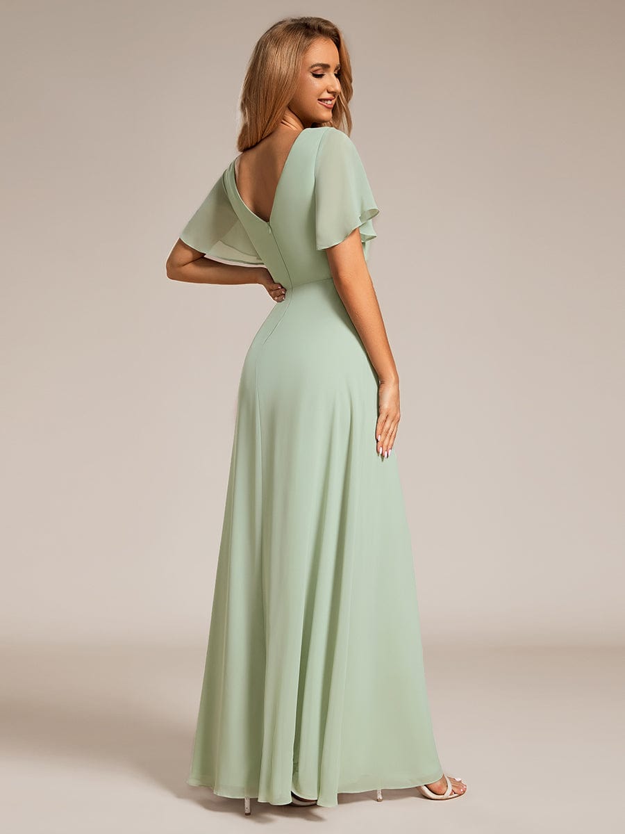 A-Line Ruffle Sleeves and High Slit Chiffon Bridesmaid Dress with V-Neck #color_Mint Green