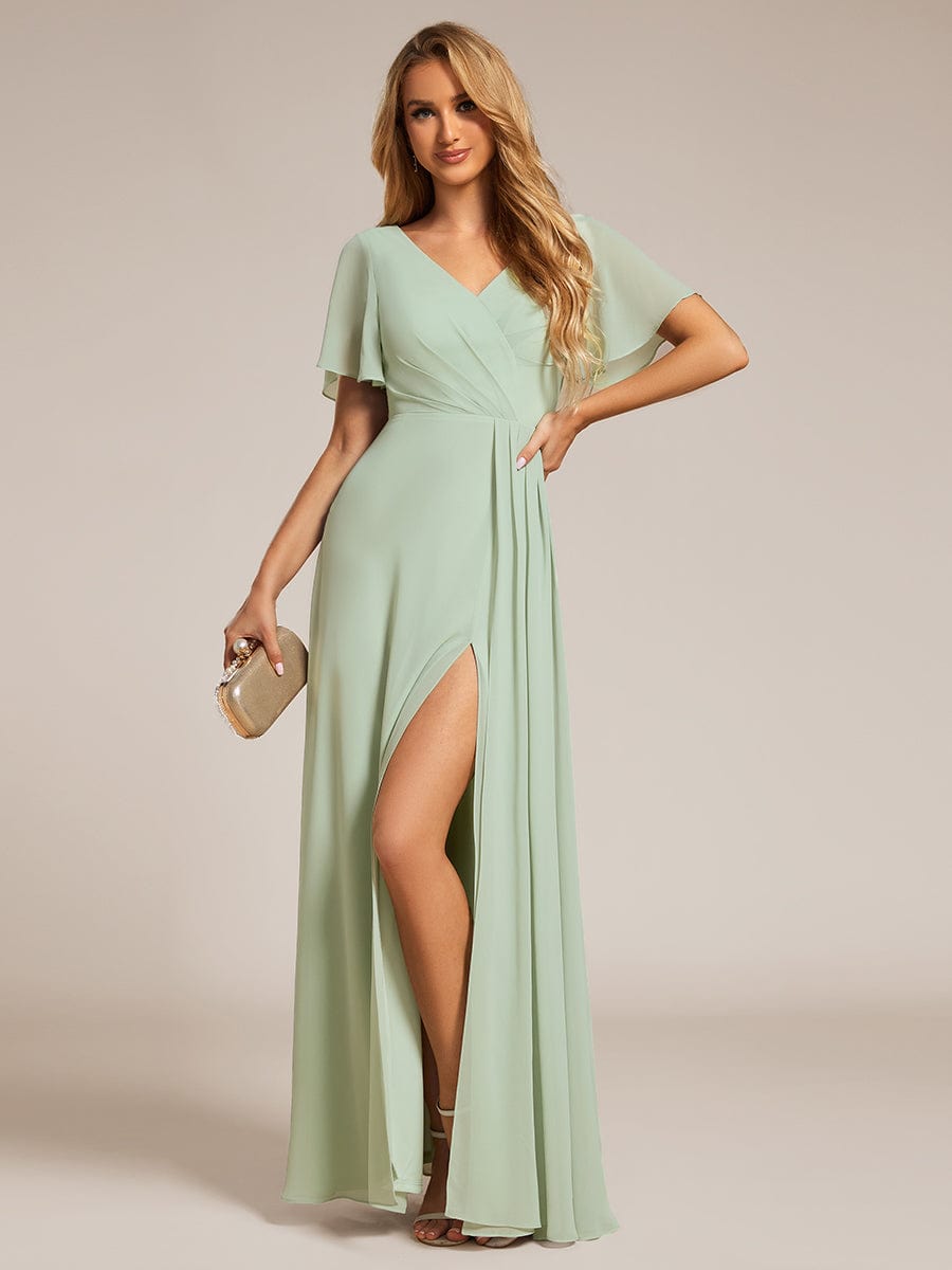 A-Line Ruffle Sleeves and High Slit Chiffon Bridesmaid Dress with V-Neck #color_Mint Green