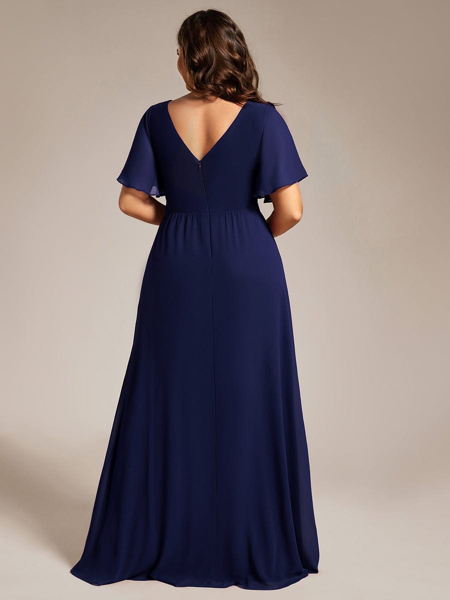 A-Line Ruffle Sleeves and High Slit Chiffon Bridesmaid Dress with V-Neck #color_Navy Blue