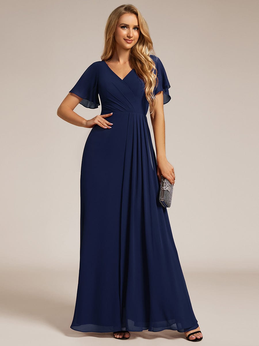 A-Line Ruffle Sleeves and High Slit Chiffon Bridesmaid Dress with V-Neck #color_Navy Blue