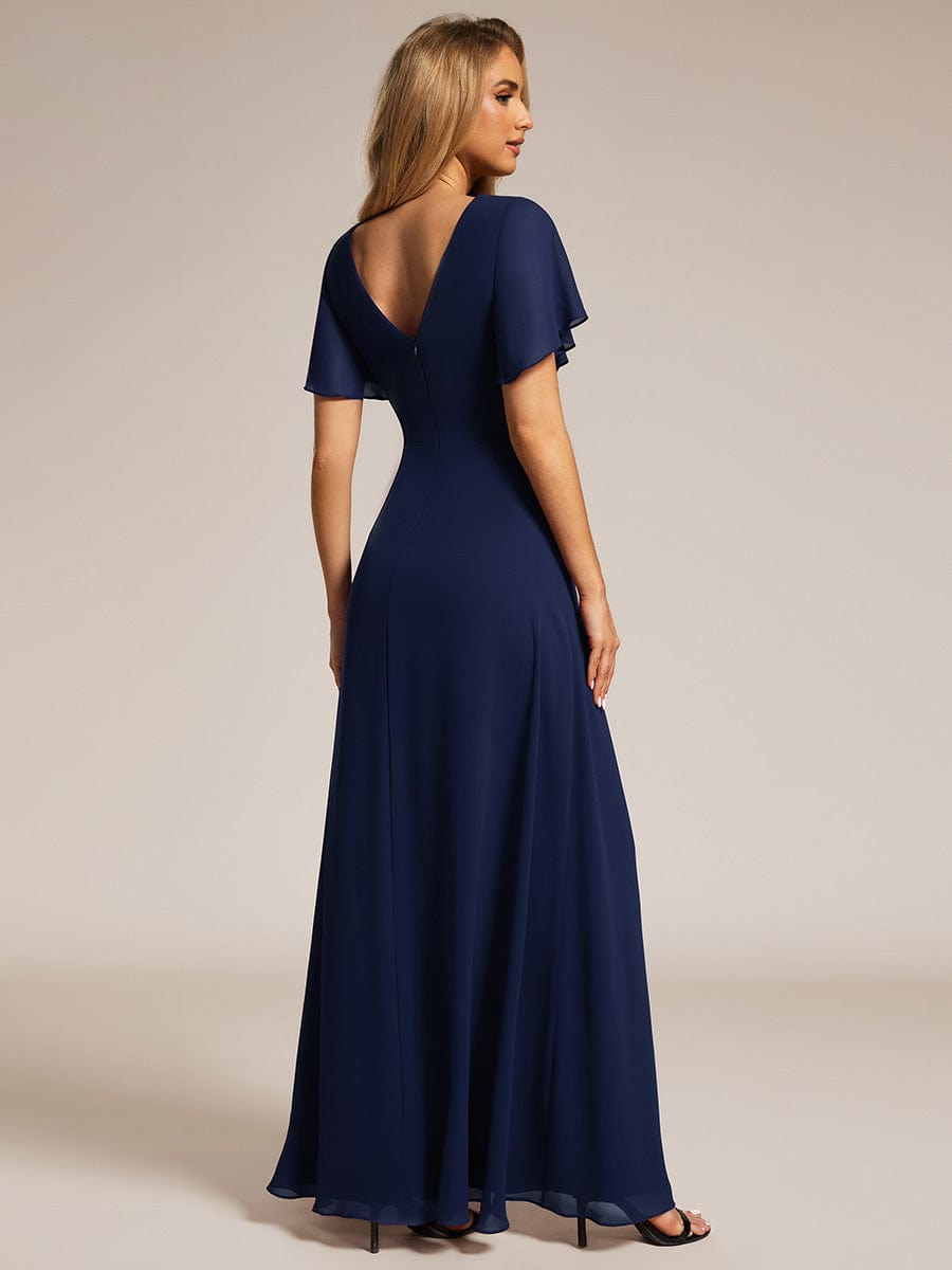 A-Line Ruffle Sleeves and High Slit Chiffon Bridesmaid Dress with V-Neck #color_Navy Blue