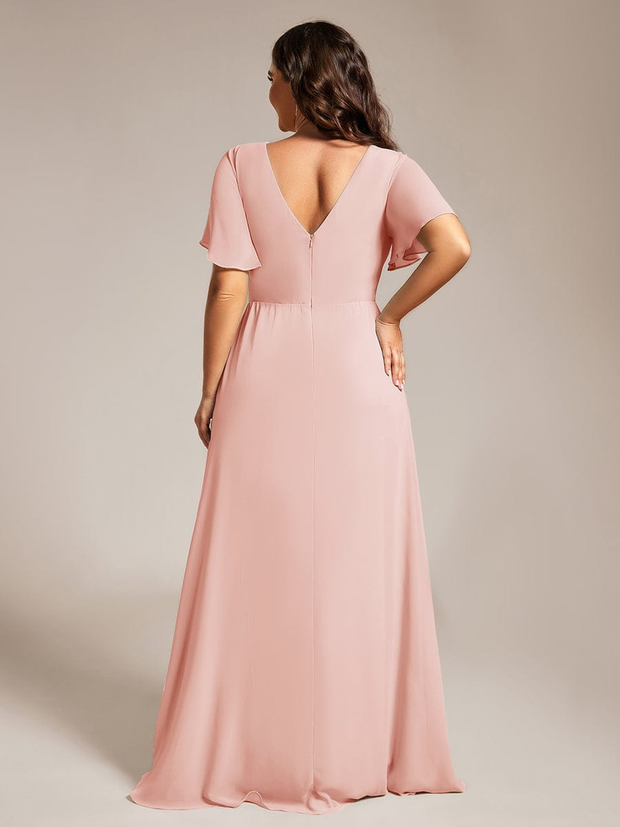 A-Line Ruffle Sleeves and High Slit Chiffon Bridesmaid Dress with V-Neck #color_Pink