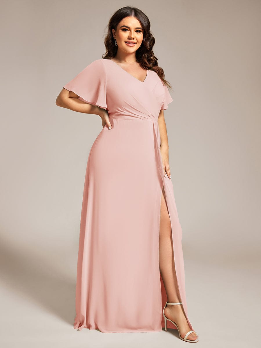 A-Line Ruffle Sleeves and High Slit Chiffon Bridesmaid Dress with V-Neck #color_Pink