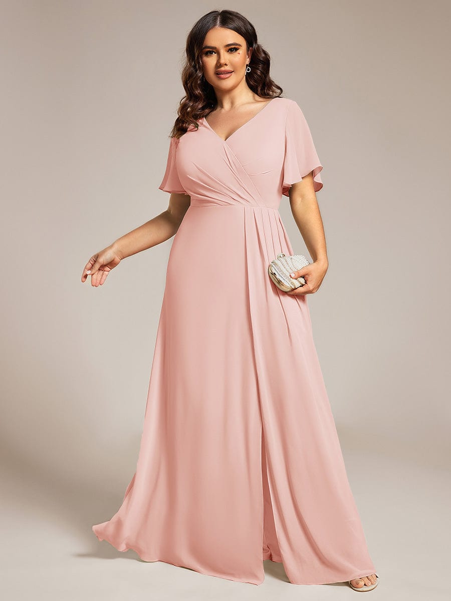 A-Line Ruffle Sleeves and High Slit Chiffon Bridesmaid Dress with V-Neck #color_Pink