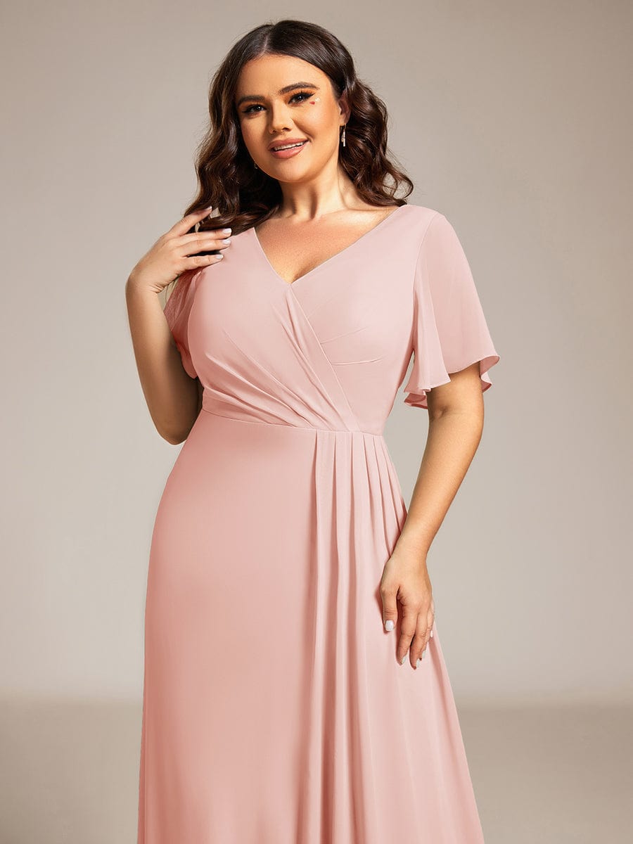 A-Line Ruffle Sleeves and High Slit Chiffon Bridesmaid Dress with V-Neck #color_Pink