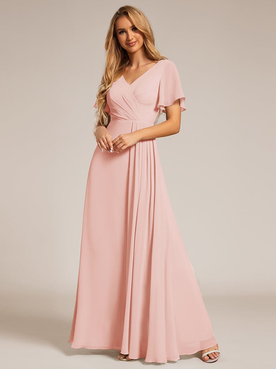 A-Line Ruffle Sleeves and High Slit Chiffon Bridesmaid Dress with V-Neck #color_Pink