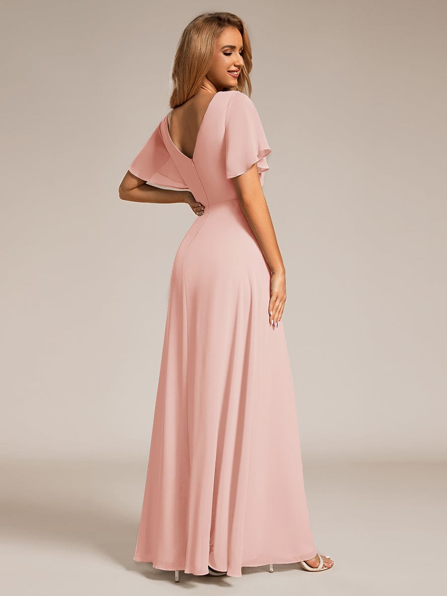 A-Line Ruffle Sleeves and High Slit Chiffon Bridesmaid Dress with V-Neck #color_Pink