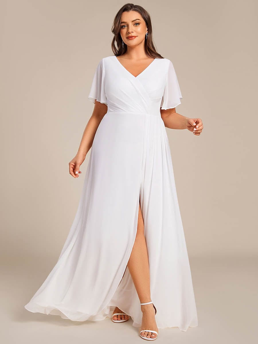 A-Line Ruffle Sleeves and High Slit Chiffon Bridesmaid Dress with V-Neck #color_White