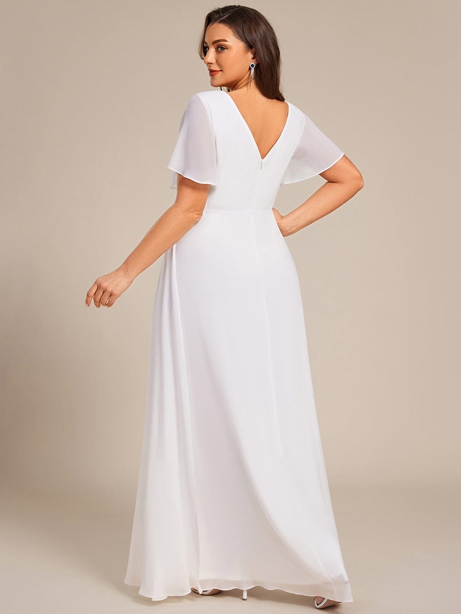 A-Line Ruffle Sleeves and High Slit Chiffon Bridesmaid Dress with V-Neck #color_White