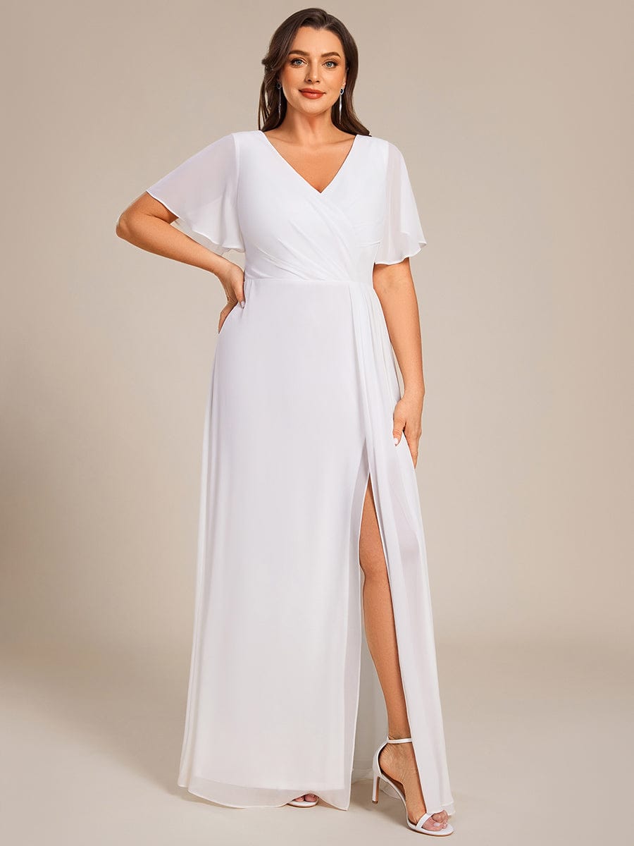 A-Line Ruffle Sleeves and High Slit Chiffon Bridesmaid Dress with V-Neck #color_White