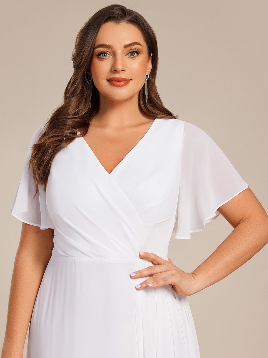 A-Line Ruffle Sleeves and High Slit Chiffon Bridesmaid Dress with V-Neck #color_White