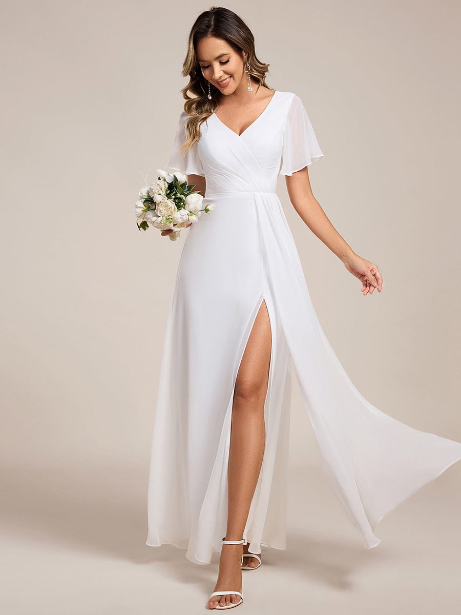 A-Line Ruffle Sleeves and High Slit Chiffon Bridesmaid Dress with V-Neck #color_White