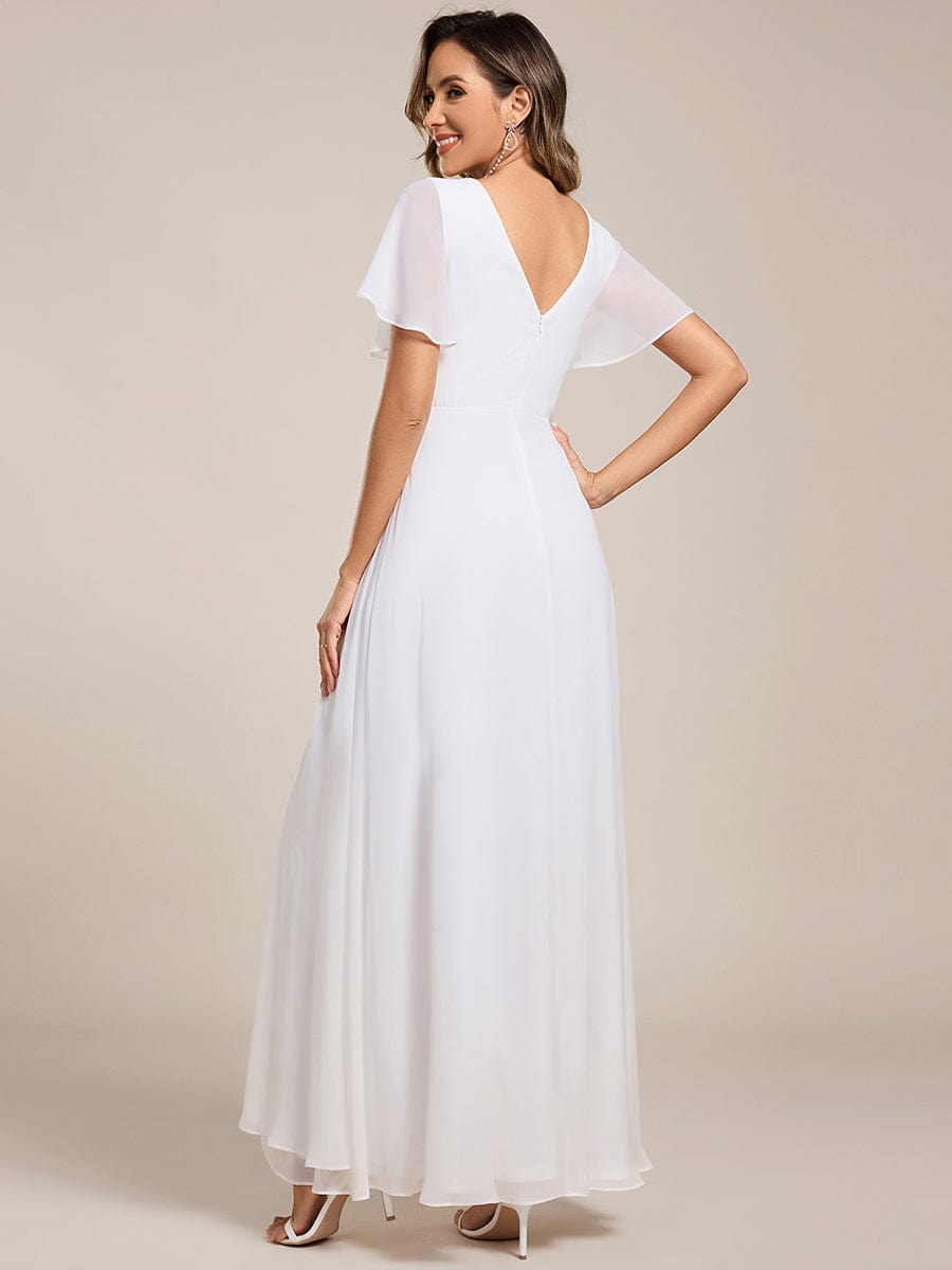 A-Line Ruffle Sleeves and High Slit Chiffon Bridesmaid Dress with V-Neck #color_White