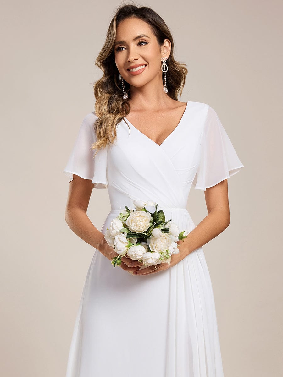 A-Line Ruffle Sleeves and High Slit Chiffon Bridesmaid Dress with V-Neck #color_White