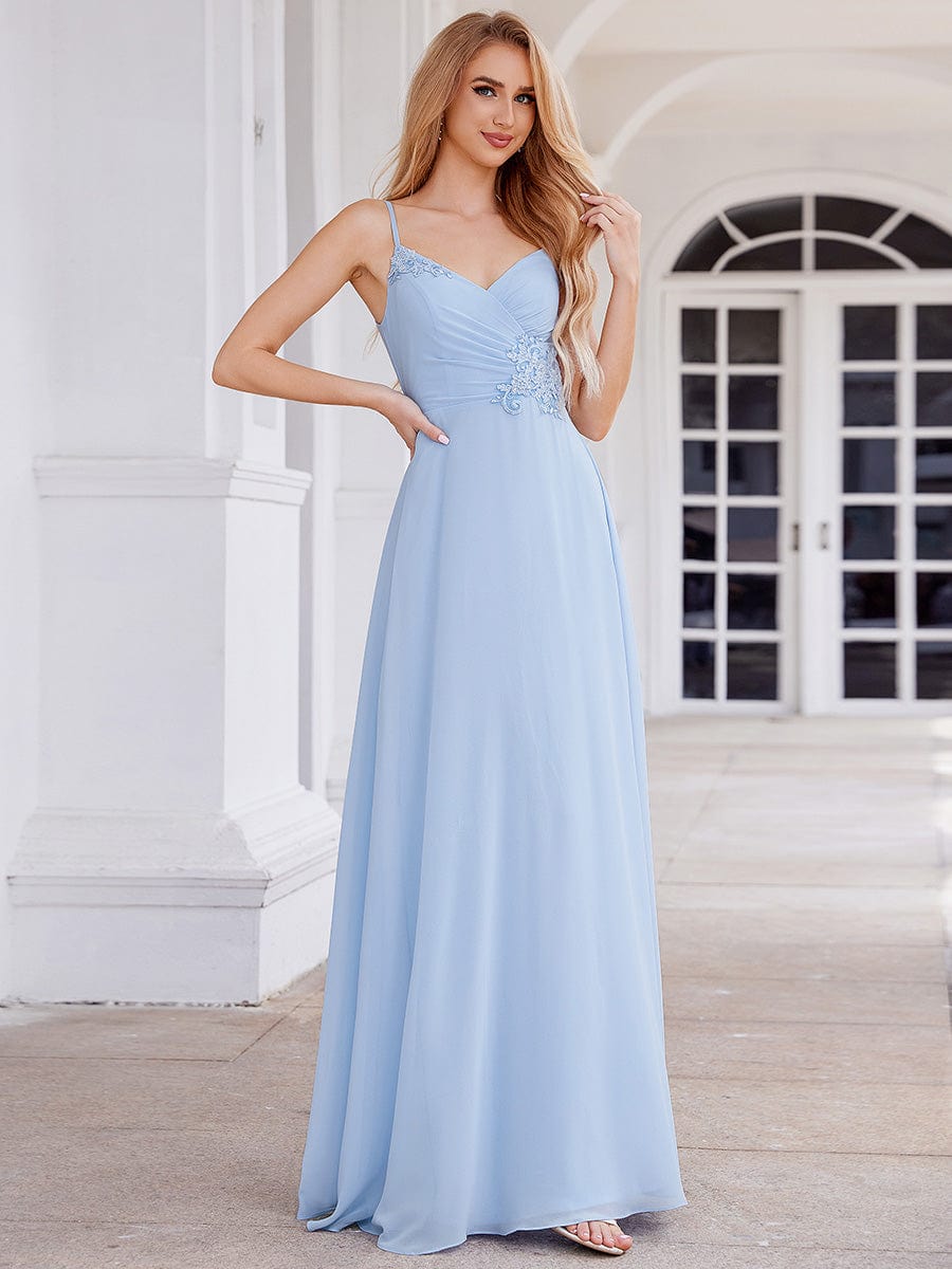 Chic V-Neck Pleated Sleeveless Applique Waist Bridesmaid Dress #color_Ice Blue