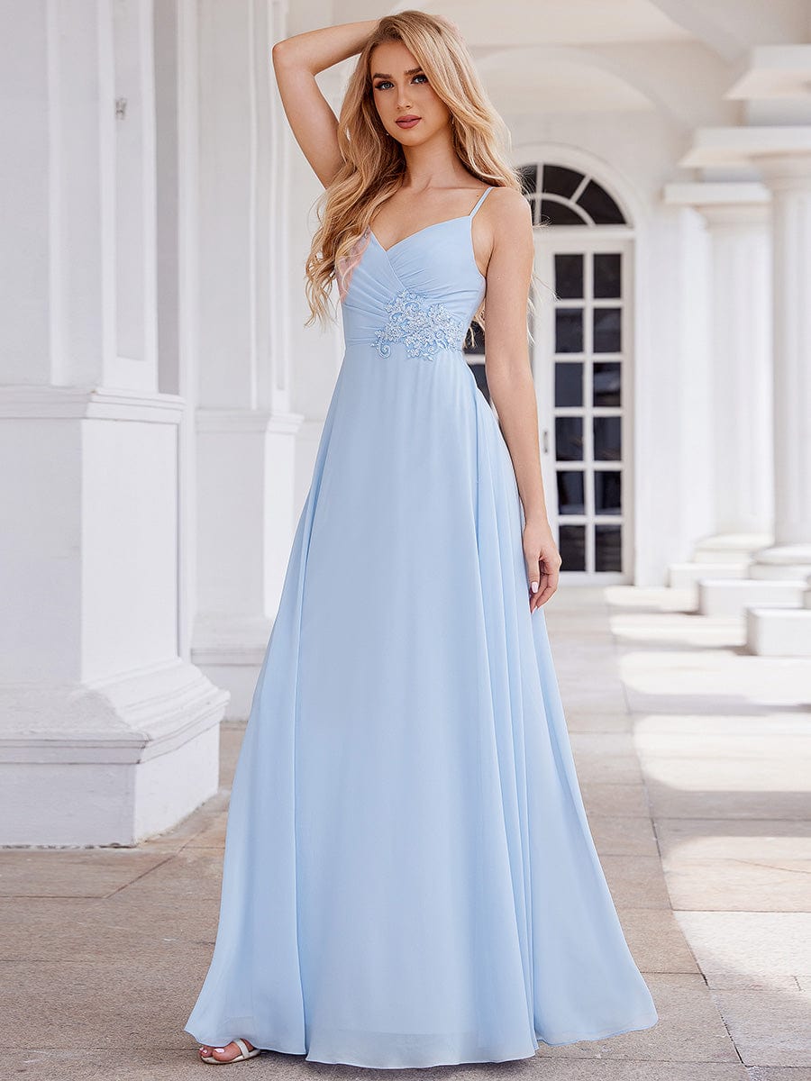 Chic V-Neck Pleated Sleeveless Applique Waist Bridesmaid Dress #color_Ice Blue