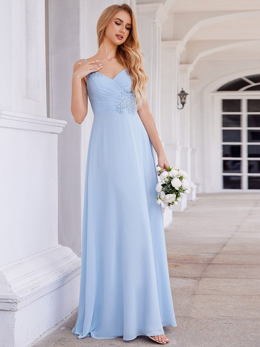 Chic V-Neck Pleated Sleeveless Applique Waist Bridesmaid Dress #color_Ice Blue