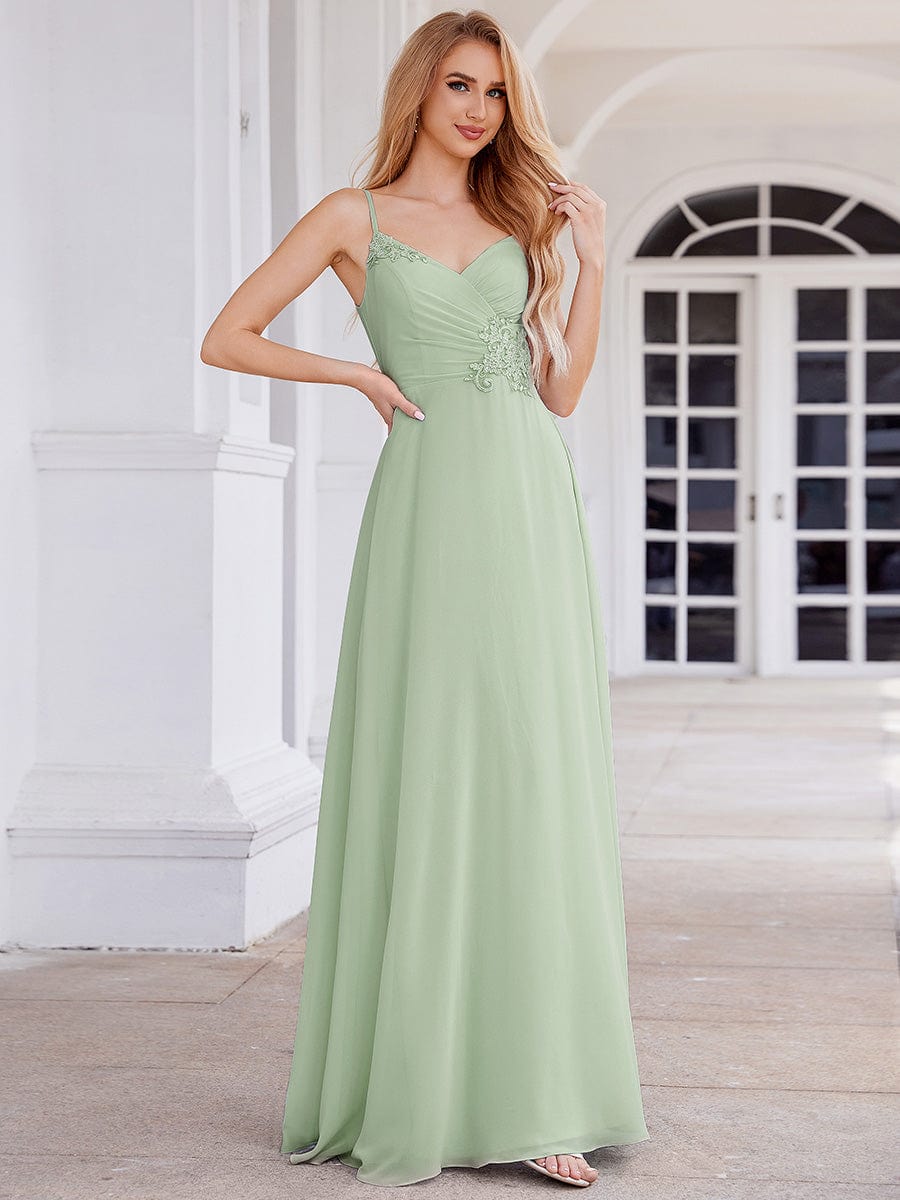 Chic V-Neck Pleated Sleeveless Applique Waist Bridesmaid Dress #color_Mint Green